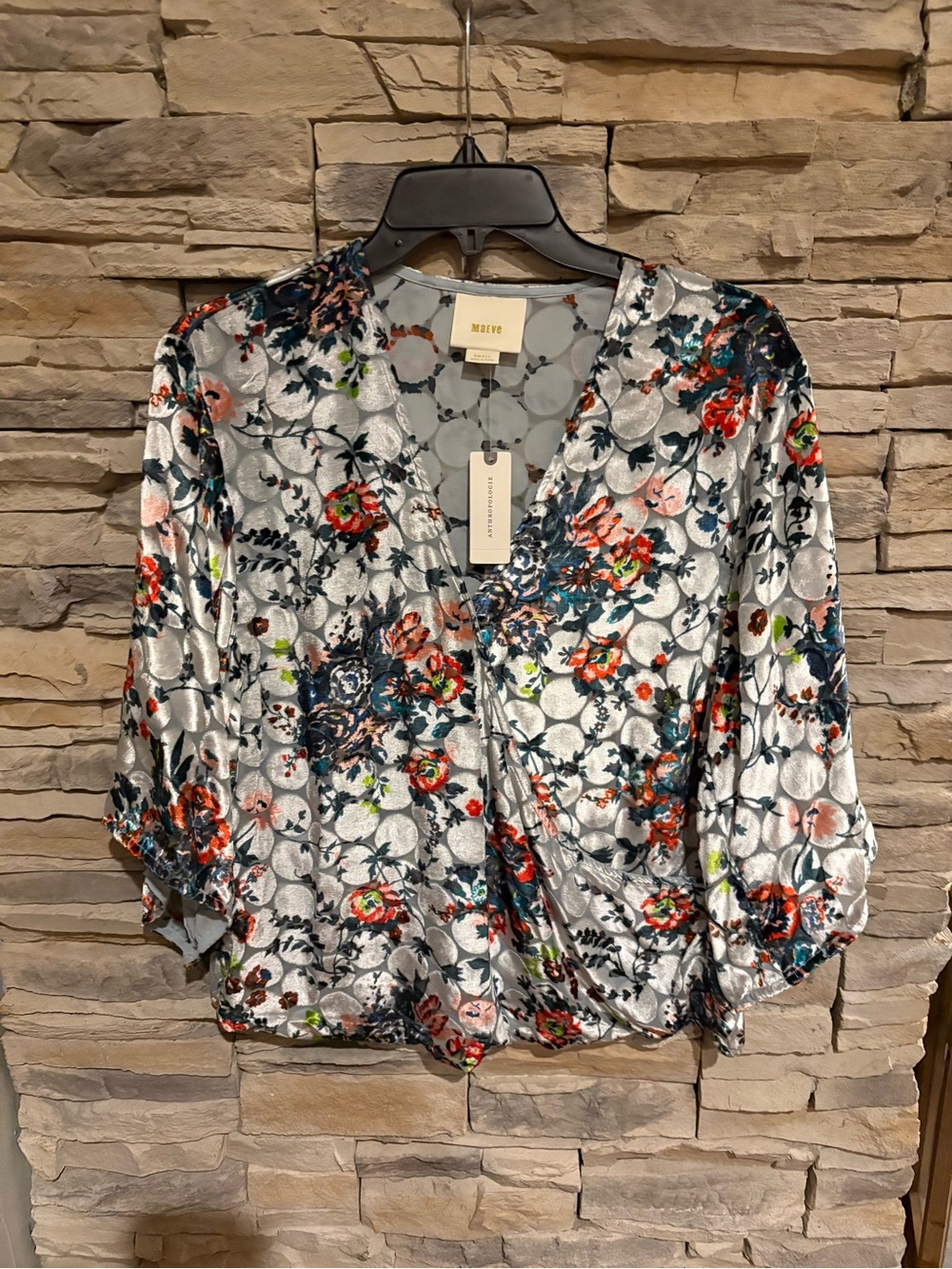 NWT, Maeve Ice Blue/Silver Velvet Floral Wrap Blouse with Red, Blue Blooms, S